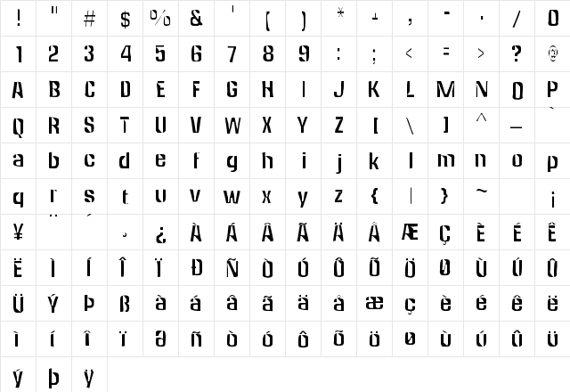 Anklepants Gaunt Regular  glyph index