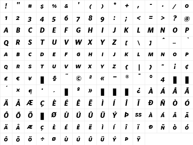 Whitney Bold Italic  glyph index