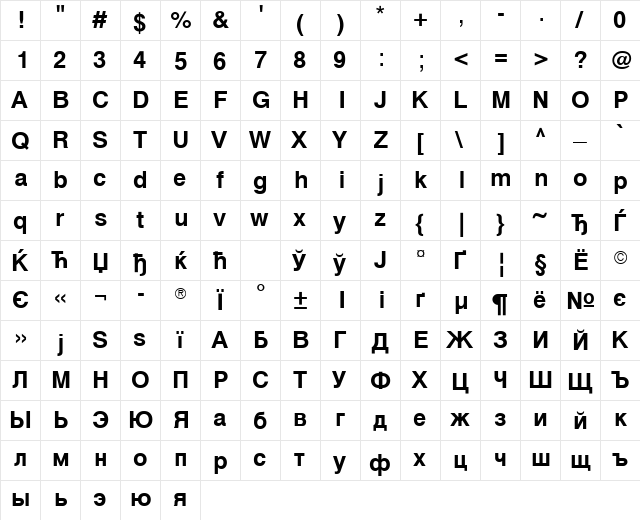 Svoboda Bold  glyph index