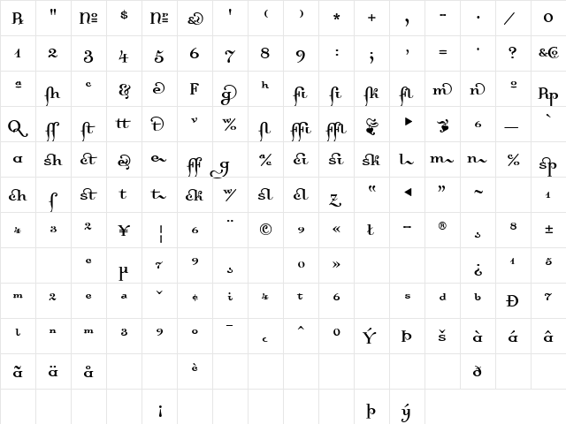 Dalliance Roman Ligatures  glyph index