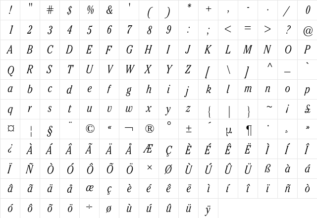 Cheltenham ITC BQ Regular  glyph index