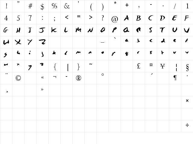 Zing Easy Regular  glyph index