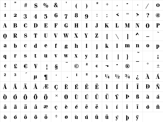 Ferrara-Osf Bold  glyph index