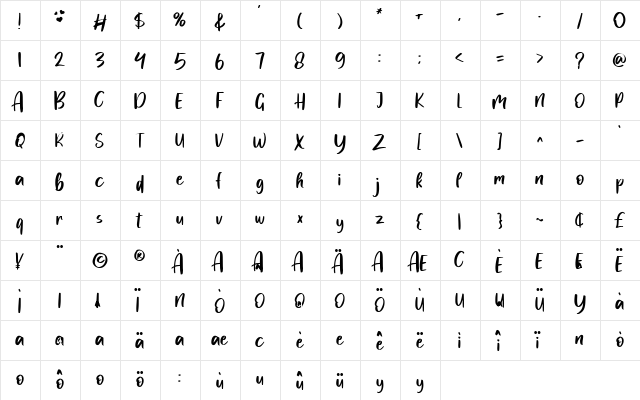 MyLove Regular  glyph index