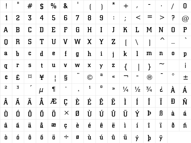 SquareSlab711 Lt BT Medium  glyph index