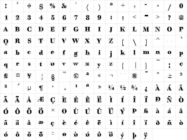 Bauer Bodoni T In1 Regular  glyph index