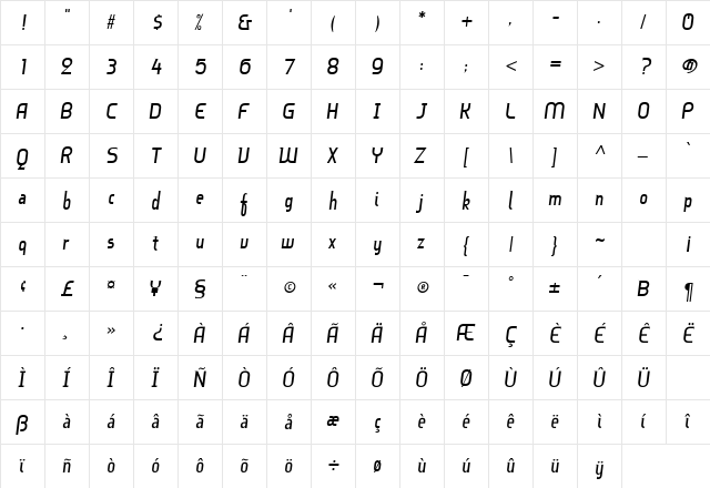 Bruhn Script Regular  glyph index