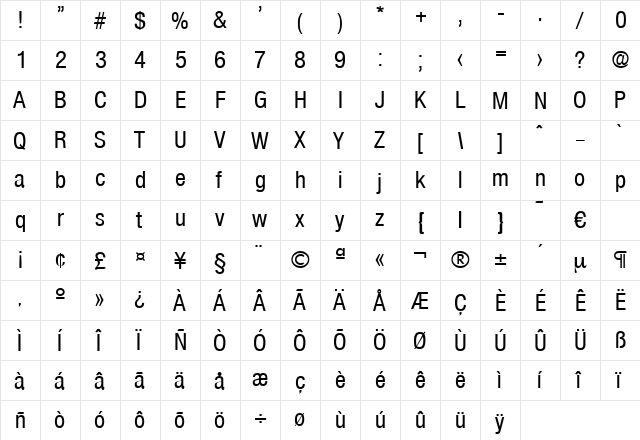 Olnova-MediumCond Regular  glyph index