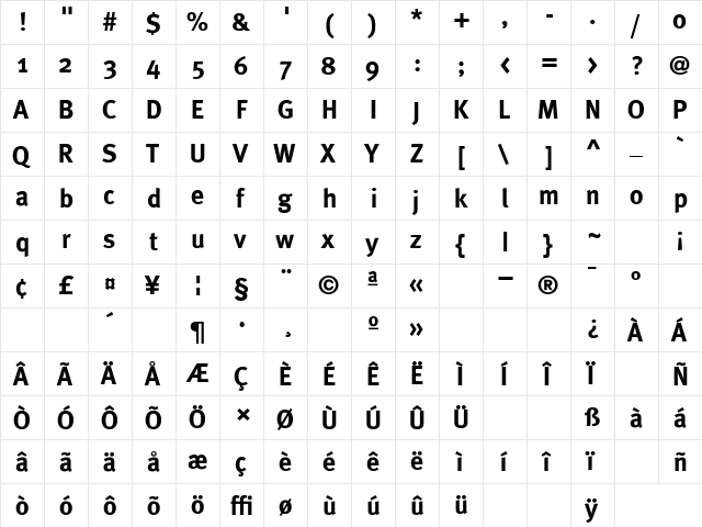 MetaBold Regular  glyph index