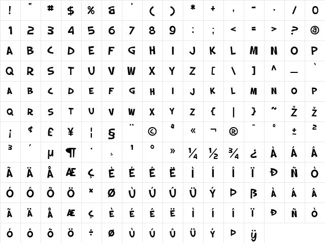 SF Slapstick Comic SC Regular  glyph index