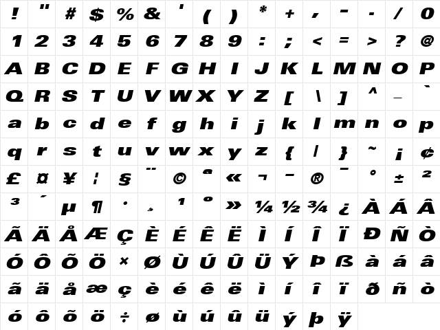 Univers93-ExtendedExtraBlack Extra BlackItalic  glyph index