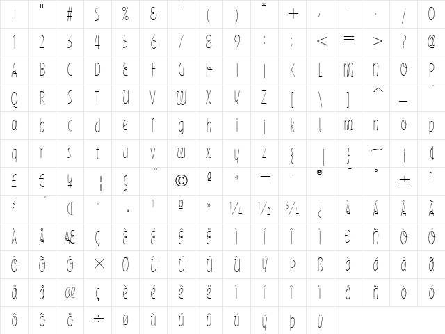 Silvermoon ITC Thin  glyph index