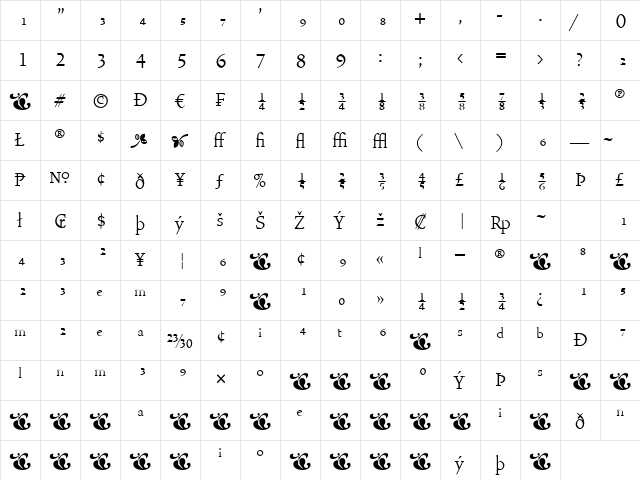 VendettaLightFractTF Regular  glyph index