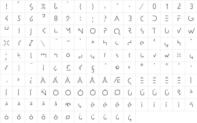 Artgallery Regular  glyph index