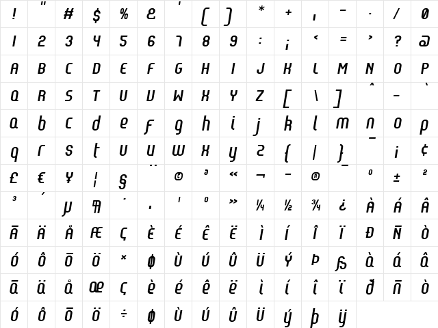 Reflex ItalicBold  glyph index