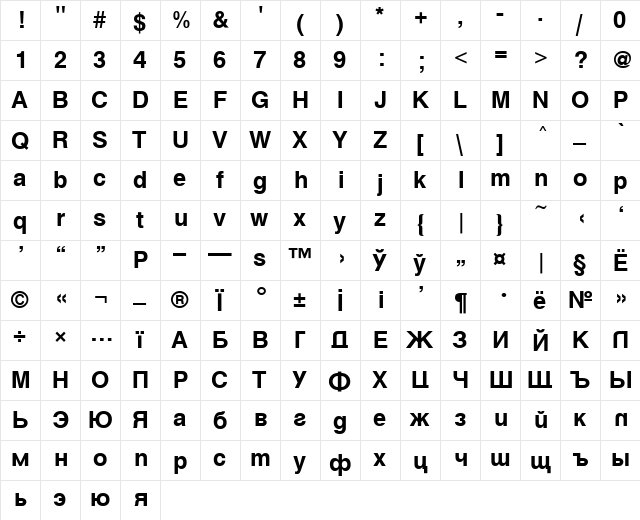 Vanta Bold  glyph index