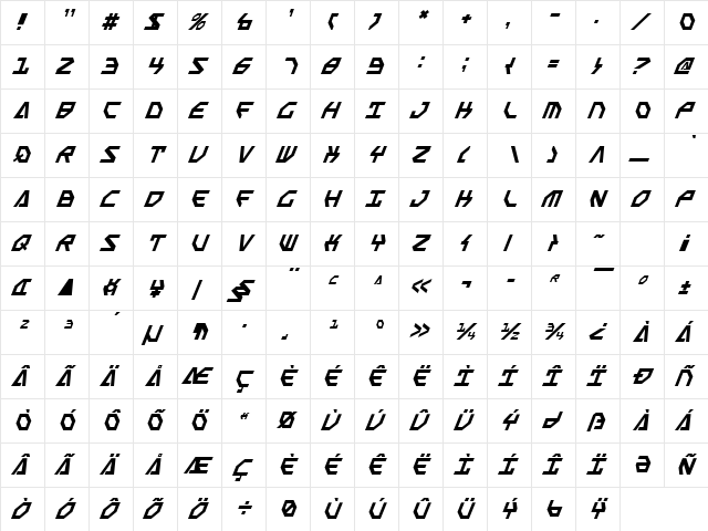 Scarab Script Italic Italic  glyph index