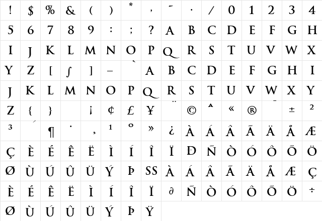 Tradition DB Bold  glyph index