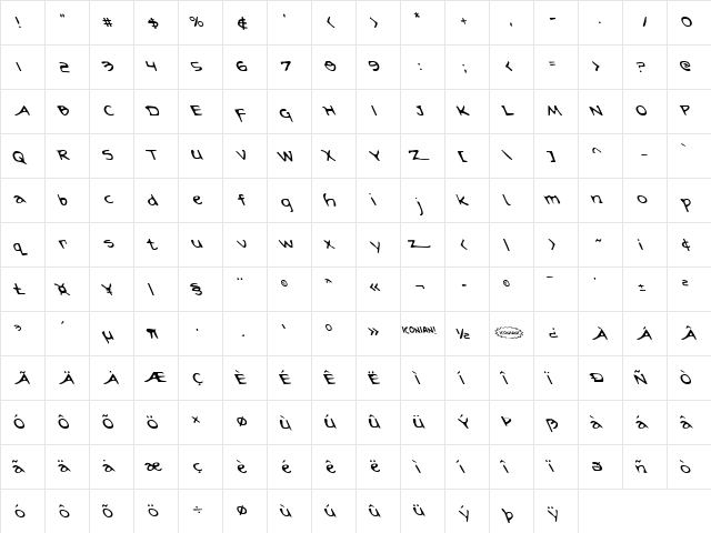 Arilon Leftalic Italic  glyph index