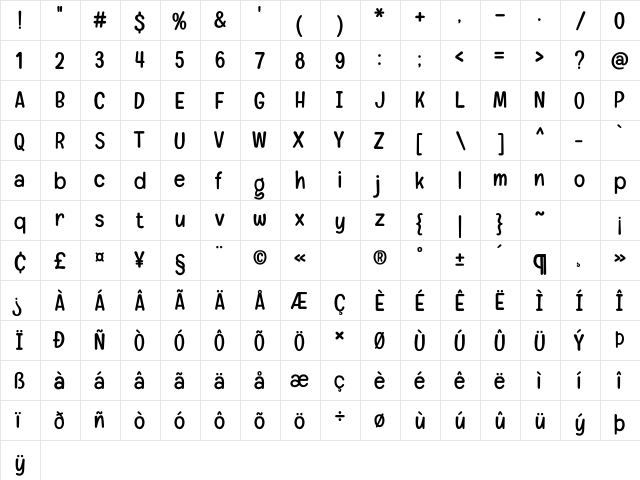 Squad Goals Regular  glyph index