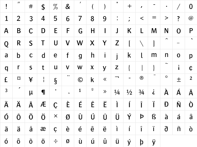 Bosis Regular  glyph index
