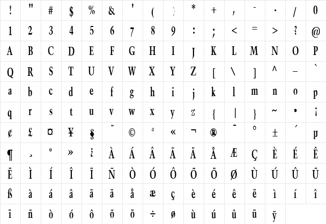 Horn Thin Bold  glyph index