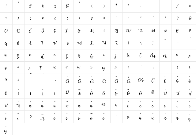 Camelia glow Regular  glyph index