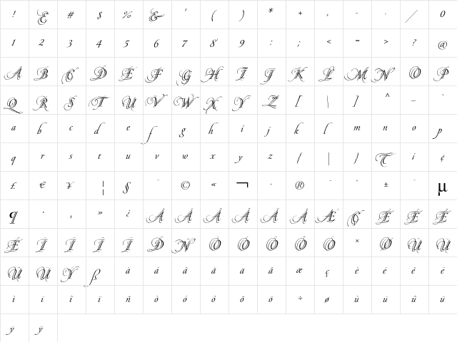 Pirouette LT Std Regular  glyph index