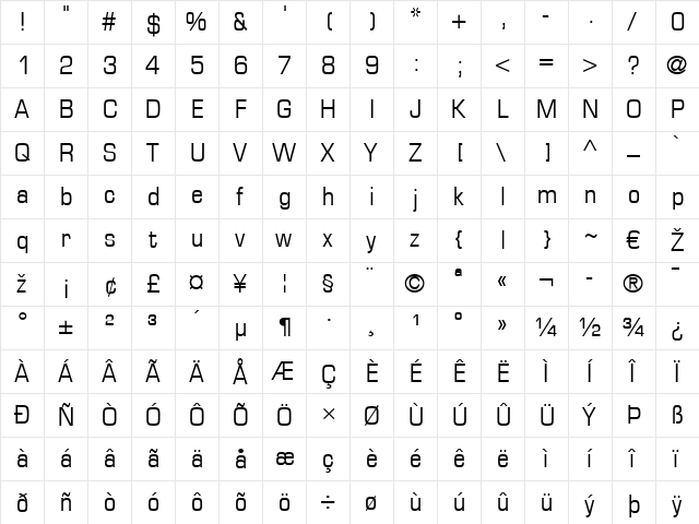 Eurostile LT Condensed Regular  glyph index