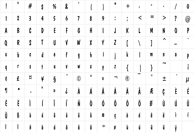 DonCasualCondensed Regular  glyph index