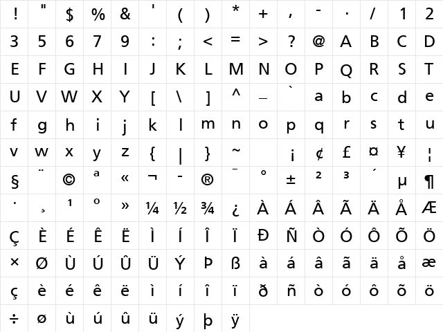 Frutiger LT Com 55 Roman  glyph index