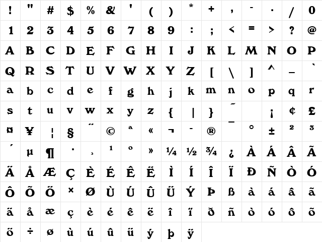 WindsorD Bold  glyph index