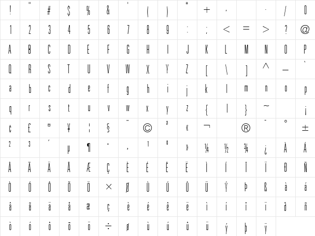 NovaLightUltraCondSSK Regular  glyph index
