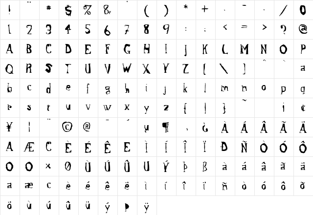 Zehrg Regular  glyph index