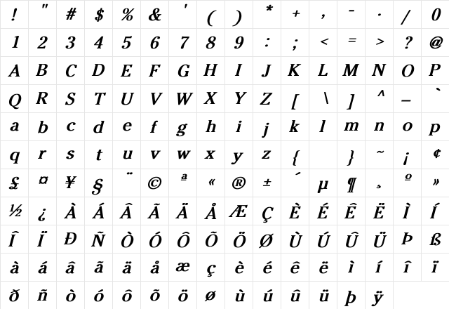 Cheltenham-Normal Bold Italic  glyph index