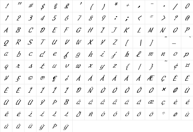 FZ HAND 20 ITALIC Normal  glyph index