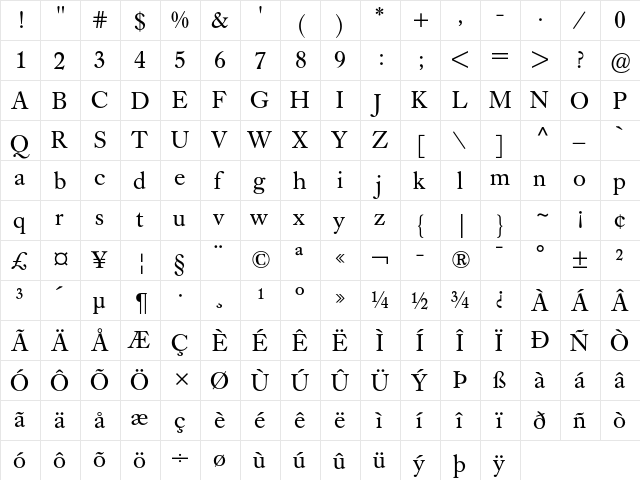 Caslon Book BE Regular  glyph index