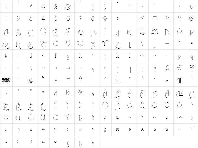 Calamity Jane NF Regular  glyph index