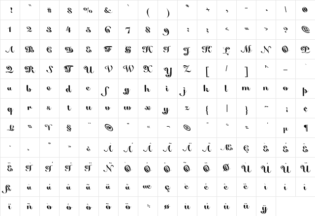False Regular  glyph index