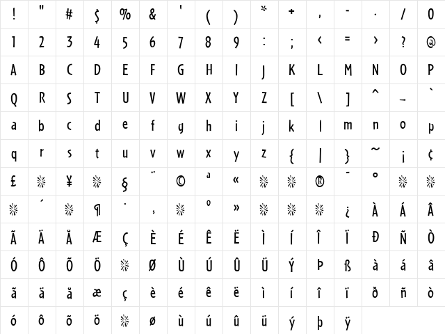 Cafeteria Regular  glyph index