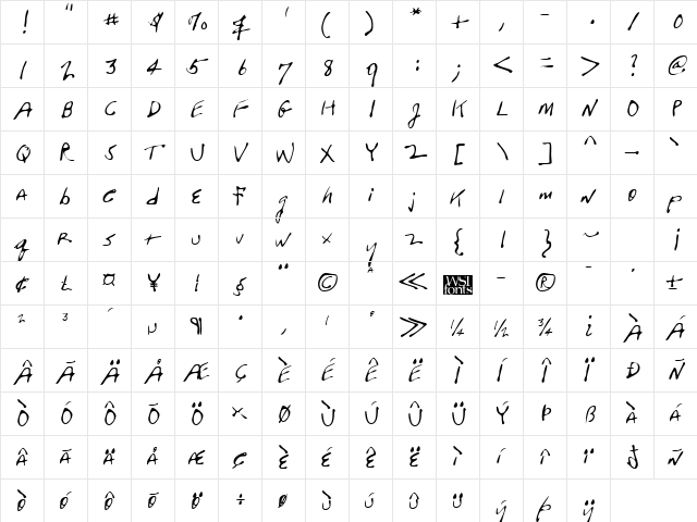 FrasiersHand Regular  glyph index