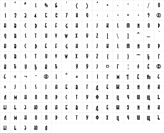 AnnaCTT Bold  glyph index