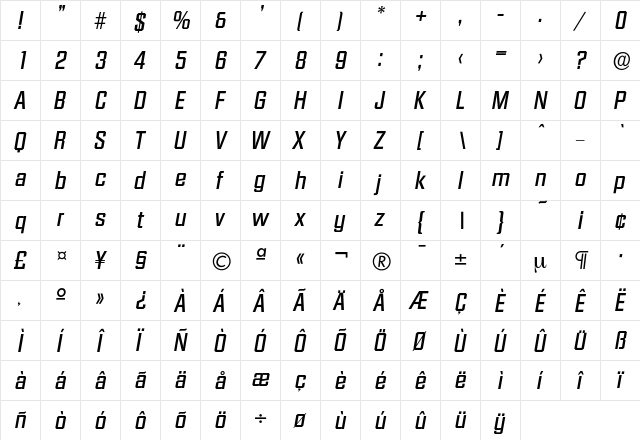 Diamante-MediumIta Regular  glyph index