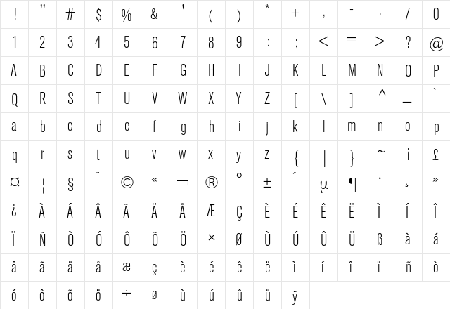 Akzidenz-Grotesk Condensed BQ Regular  glyph index