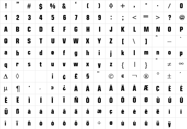 EurasiaCond Bold  glyph index