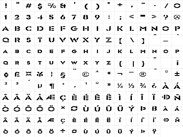 FreeportExtended Regular  glyph index