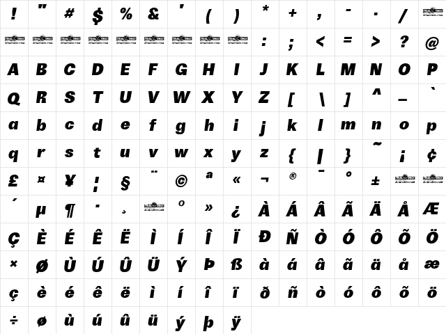 Boring Sans B Trial Heavy Italic  glyph index