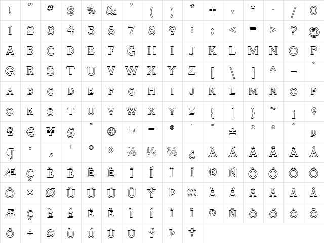 Ozymandias Outline WBW Regular  glyph index