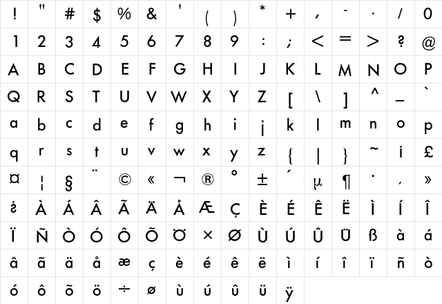 Futura BQ Regular  glyph index