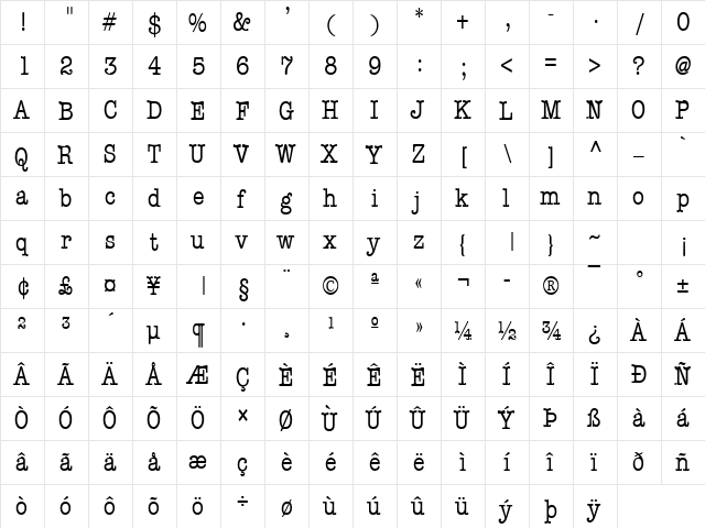 Memo Condensed Normal  glyph index